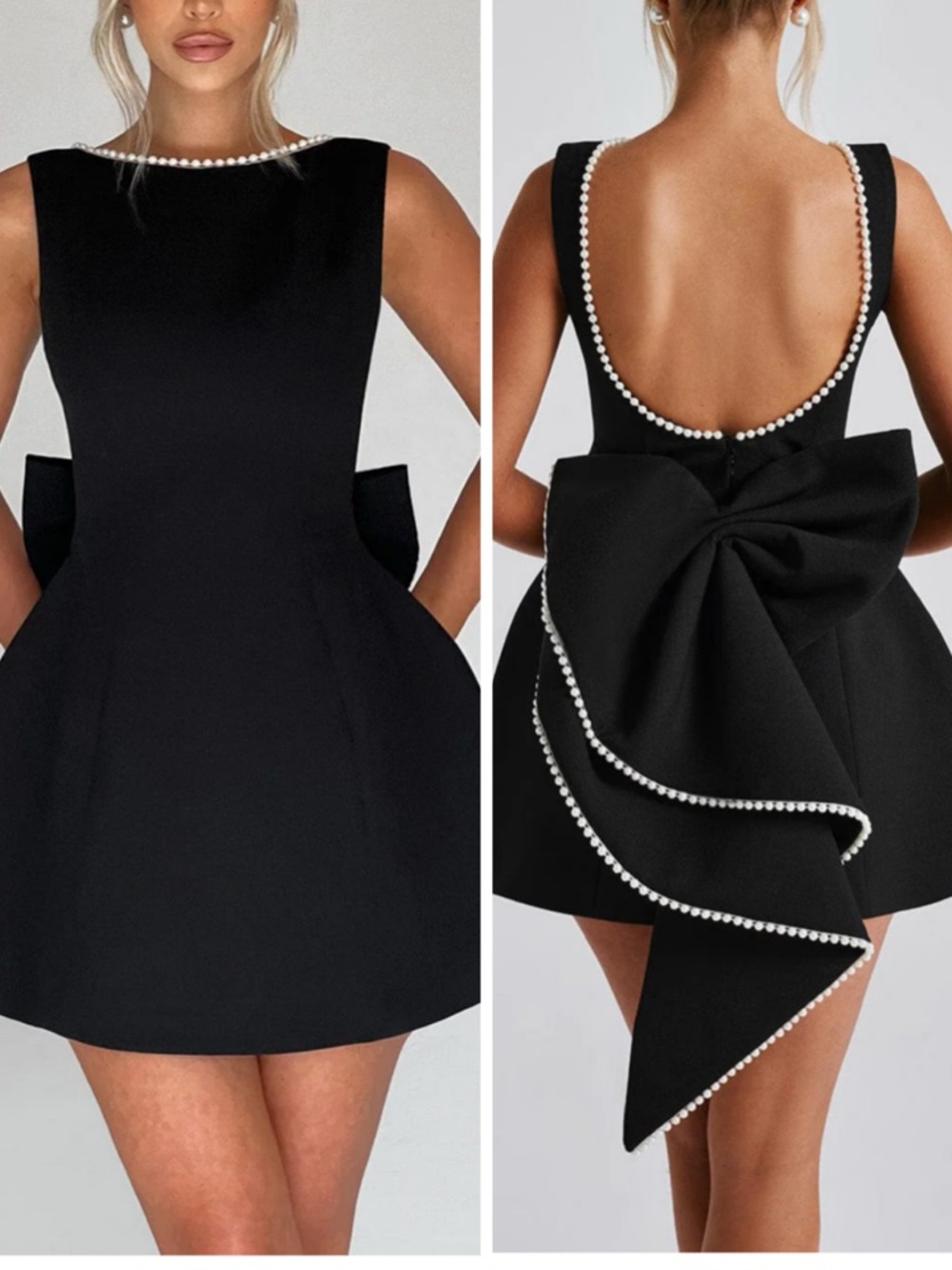 Babyboo CARRIE MINI DRESS BLACK Removable Bow with Faux Pearl Details XS New